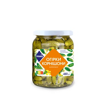 Огірки «Премія»® корнішони мариновані пастеризовані, 480г (480г)