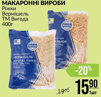 МАКАРОННІ ВИРОБИ Ріжки Вермішель ТМ Вигода 400г B